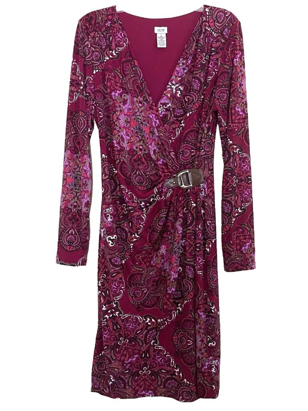 Cache Dress XL Paisley Faux Wrap V-neck Stretch Business Casual Leather Buckle